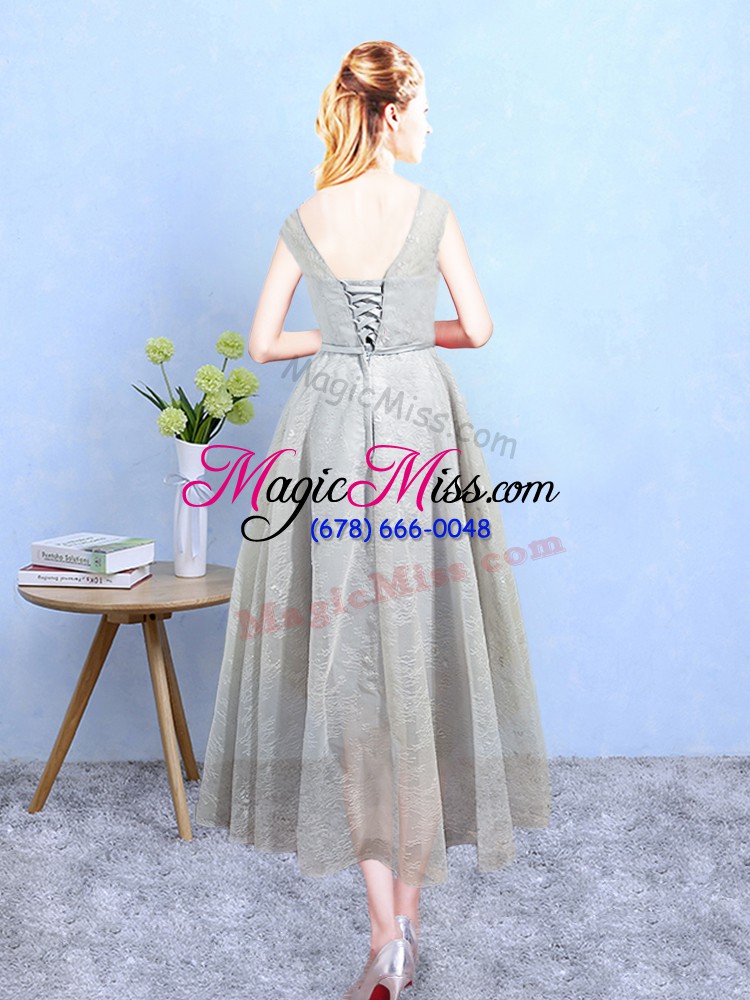 wholesale hot selling grey scoop lace up appliques bridesmaid gown sleeveless