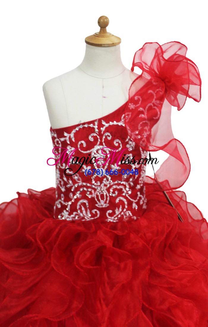 wholesale sleeveless floor length beading and ruffles lace up little girls pageant dress with red