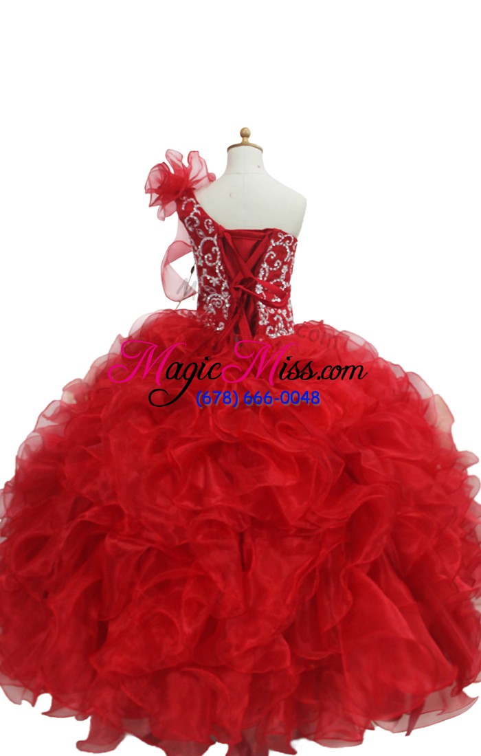 wholesale sleeveless floor length beading and ruffles lace up little girls pageant dress with red