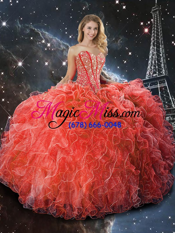 wholesale elegant coral red ball gowns beading and ruffles vestidos de quinceanera lace up organza sleeveless floor length