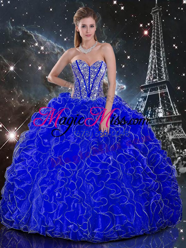 wholesale fine royal blue organza lace up 15th birthday dress sleeveless floor length beading and ruffles