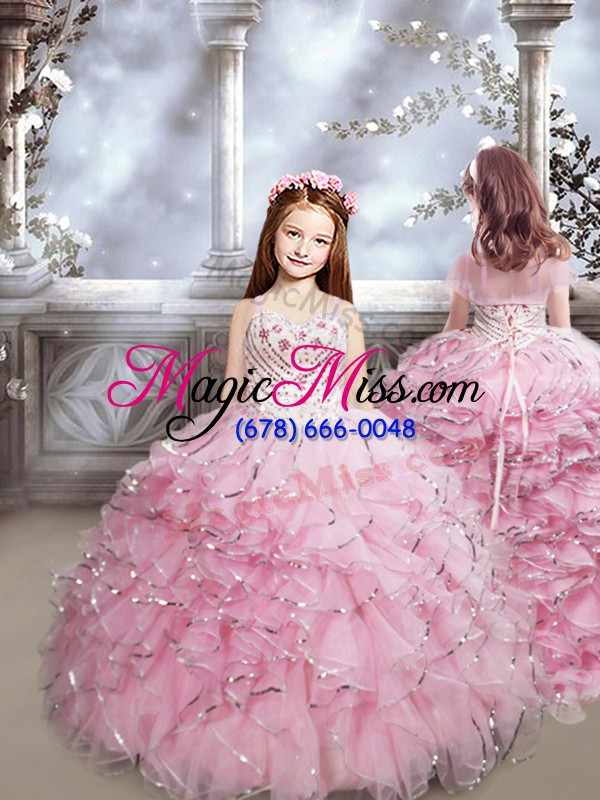 wholesale baby pink organza lace up quince ball gowns sleeveless floor length beading and ruffles