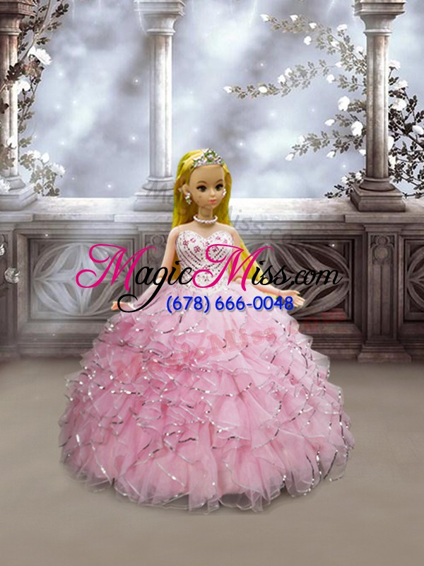 wholesale baby pink organza lace up quince ball gowns sleeveless floor length beading and ruffles