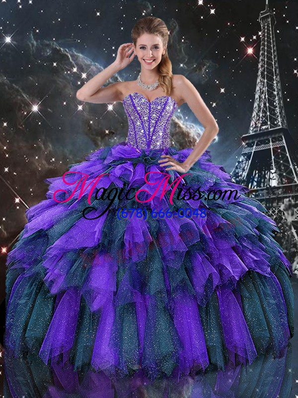 wholesale multi-color sleeveless floor length beading and ruffles and ruffled layers lace up quinceanera dresses