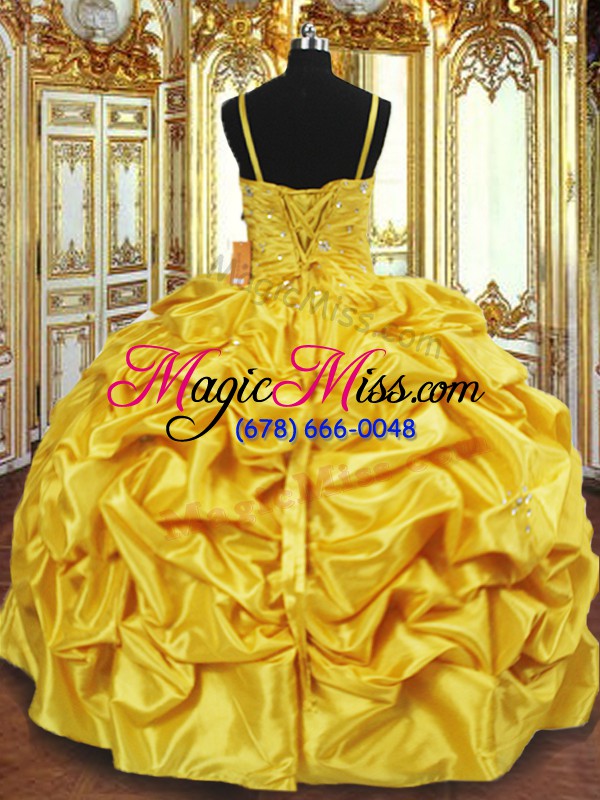 wholesale noble gold ball gowns taffeta spaghetti straps sleeveless beading and pick ups floor length lace up sweet 16 dresses