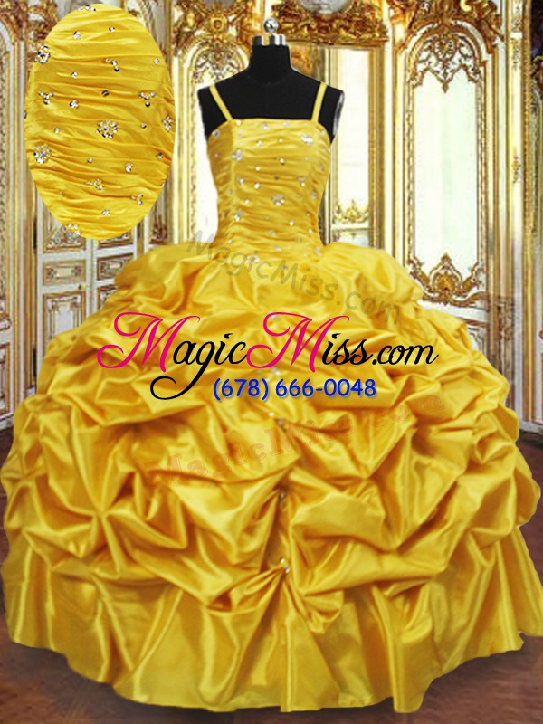 wholesale noble gold ball gowns taffeta spaghetti straps sleeveless beading and pick ups floor length lace up sweet 16 dresses
