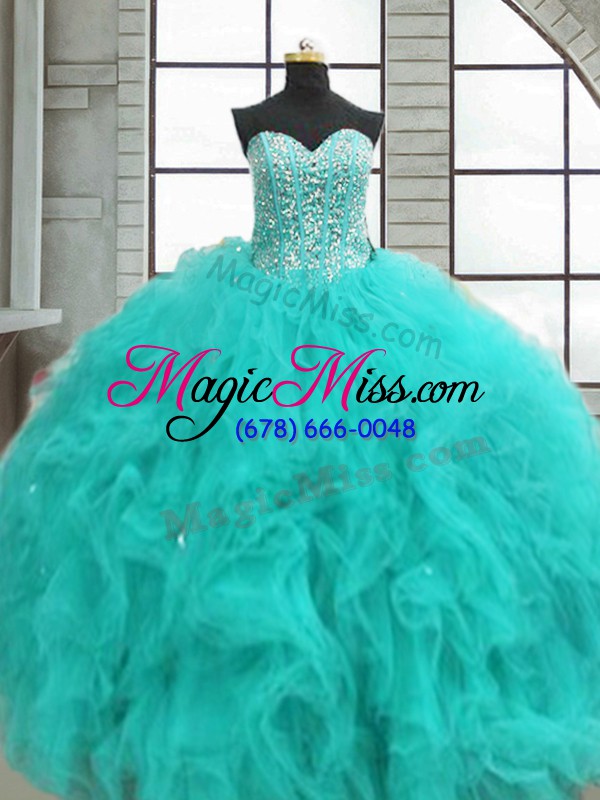 wholesale glamorous turquoise sleeveless floor length beading and ruffles lace up 15 quinceanera dress