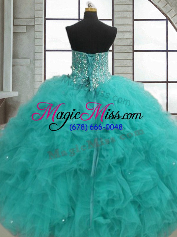 wholesale glamorous turquoise sleeveless floor length beading and ruffles lace up 15 quinceanera dress