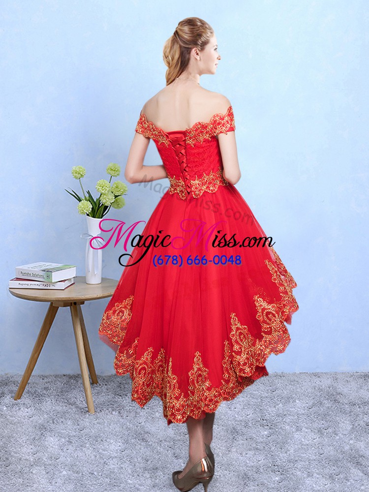 wholesale a-line damas dress wine red off the shoulder tulle sleeveless high low lace up