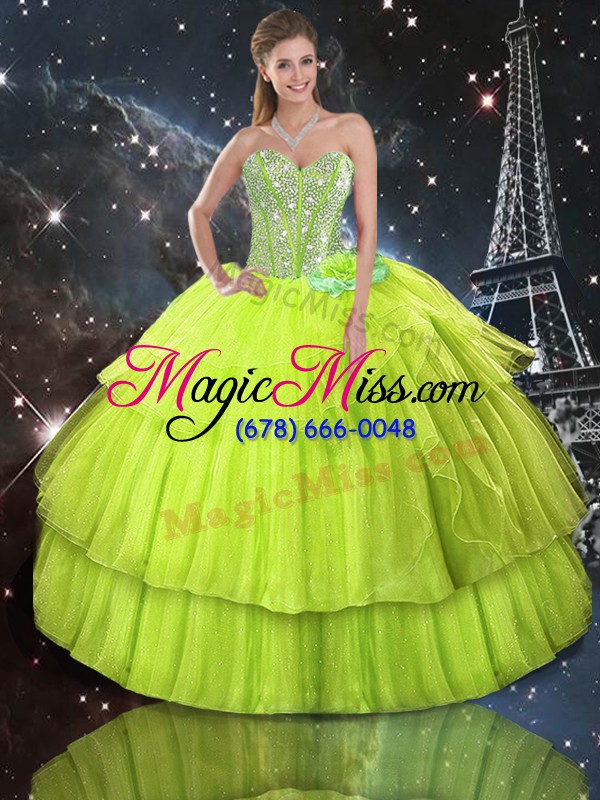 wholesale exquisite floor length lace up sweet 16 dresses yellow green for military ball and sweet 16 and quinceanera with ruffled layers