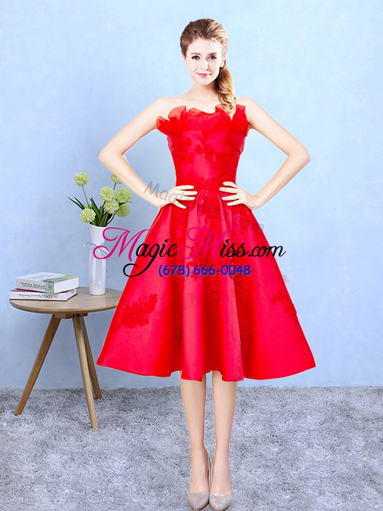 wholesale comfortable appliques and ruffles wedding party dress red lace up sleeveless knee length