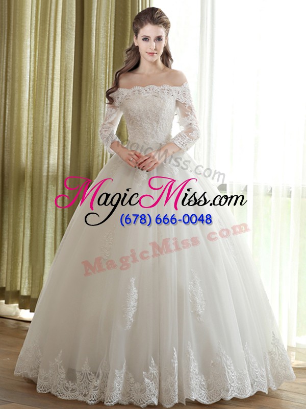 wholesale off the shoulder 3 4 length sleeve tulle wedding dress lace and appliques lace up