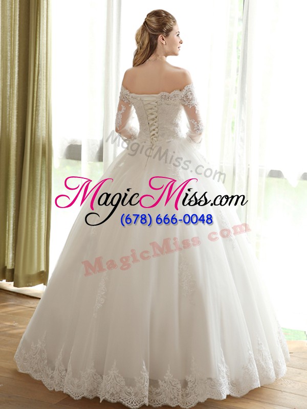 wholesale off the shoulder 3 4 length sleeve tulle wedding dress lace and appliques lace up