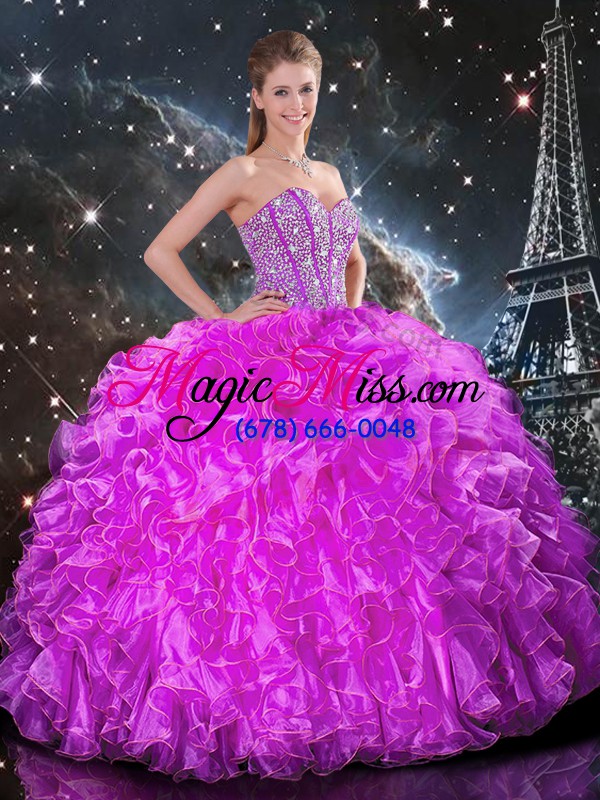 wholesale dynamic sleeveless organza floor length lace up vestidos de quinceanera in fuchsia with beading and ruffles