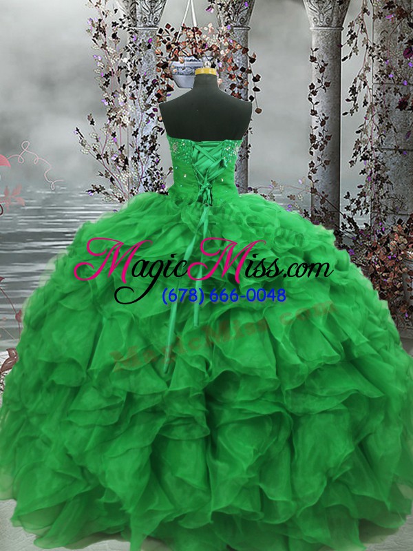 wholesale flare sweetheart sleeveless quince ball gowns floor length beading and ruffles green organza