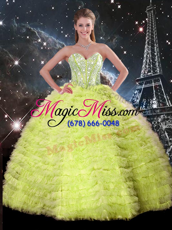 wholesale yellow green quince ball gowns military ball and sweet 16 and quinceanera with beading and ruffles sweetheart sleeveless lace up