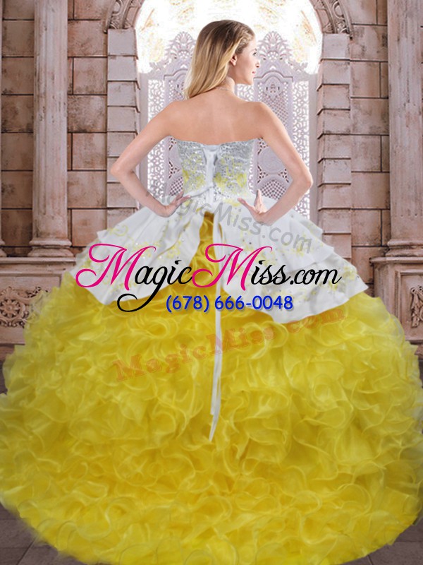 wholesale high quality floor length ball gowns sleeveless yellow and white quinceanera gown lace up