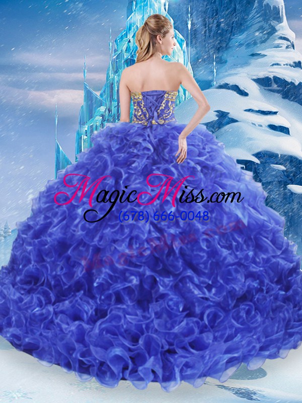 wholesale royal blue organza lace up strapless sleeveless floor length sweet 16 dresses beading and appliques and ruffles