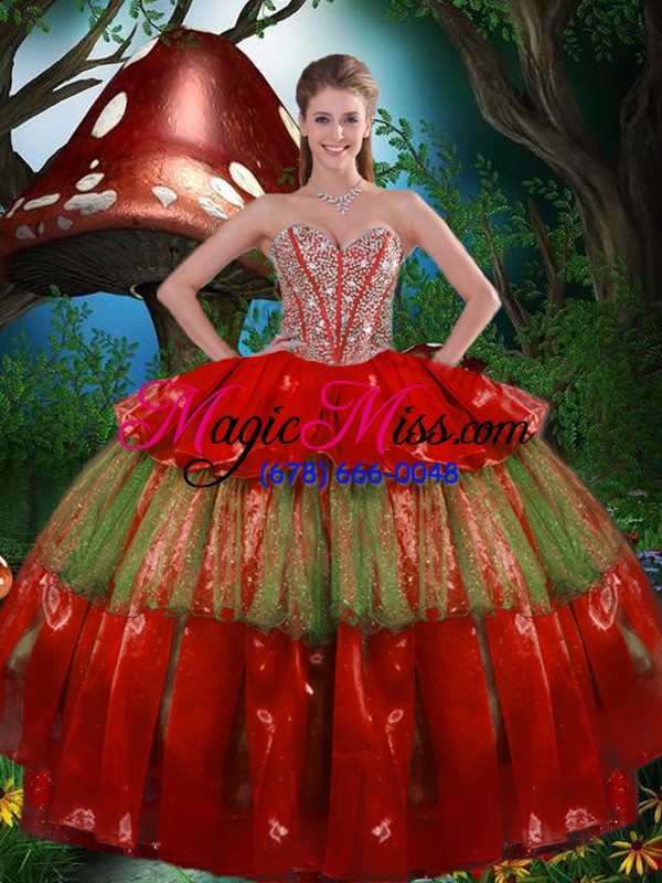 wholesale wine red sleeveless floor length beading and ruffled layers lace up sweet 16 quinceanera dress