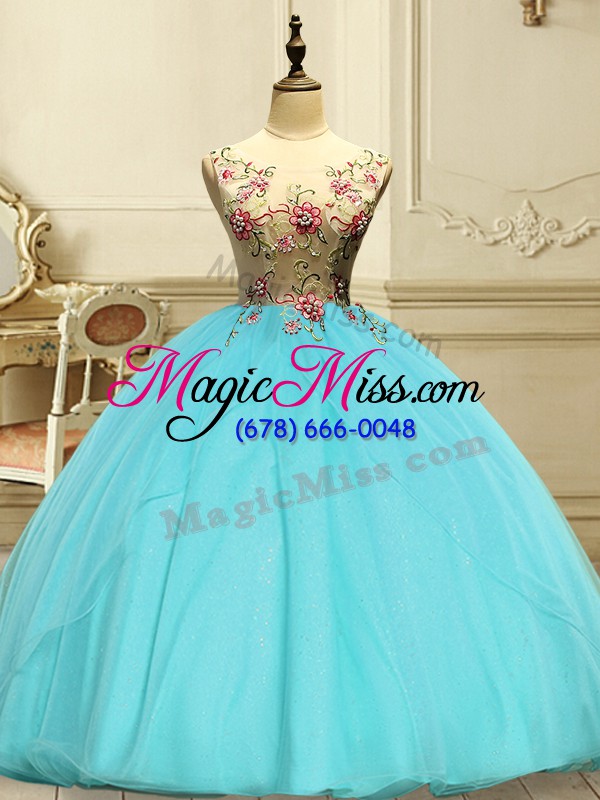 wholesale dynamic aqua blue ball gowns scoop sleeveless organza floor length lace up appliques 15 quinceanera dress