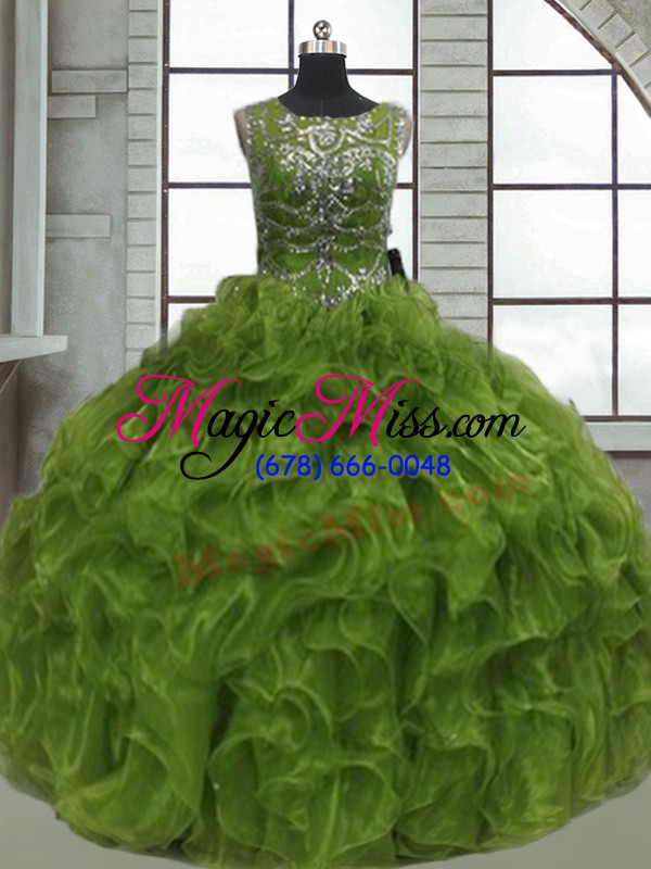 wholesale olive green ball gowns scoop sleeveless organza floor length lace up beading and ruffles sweet 16 quinceanera dress