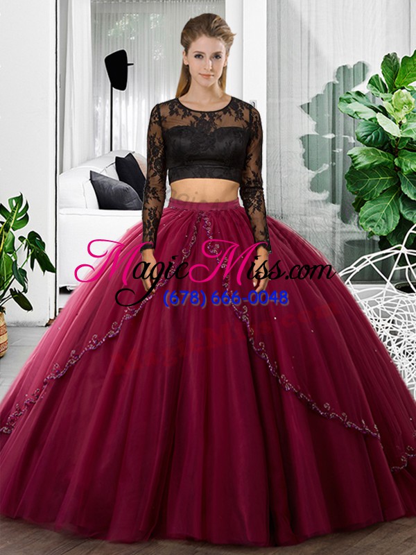 wholesale fuchsia tulle backless scoop long sleeves floor length sweet 16 dress lace and ruching