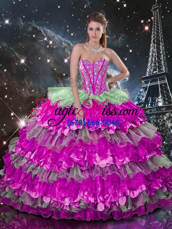 wholesale multi-color organza lace up sweetheart sleeveless floor length sweet 16 dress beading and ruffles and ruffled layers