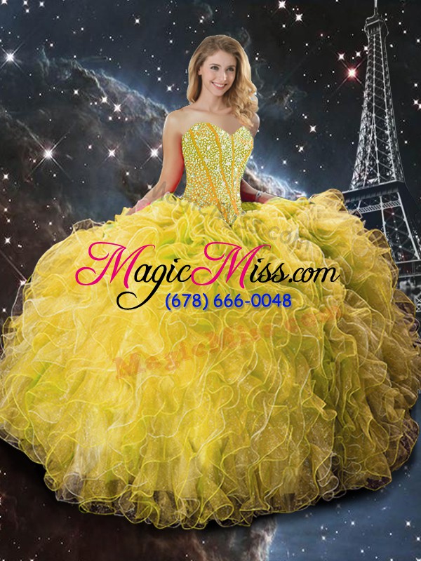 wholesale sweetheart sleeveless lace up quinceanera gowns yellow organza