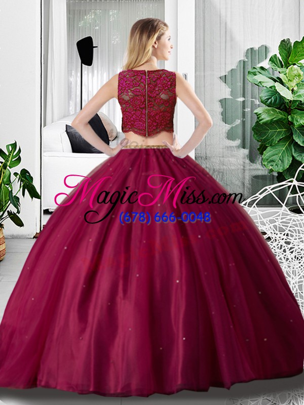 wholesale sweet fuchsia two pieces lace and ruching sweet 16 quinceanera dress zipper tulle sleeveless floor length