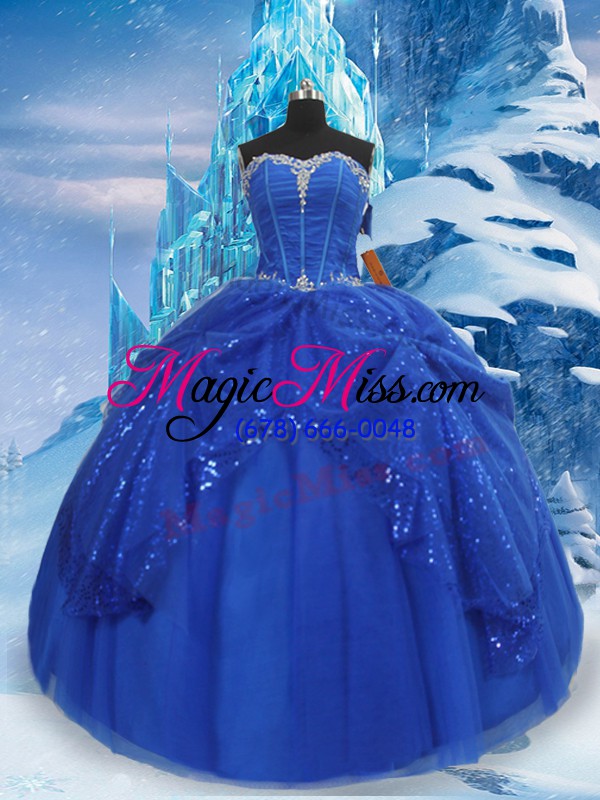 wholesale fashion royal blue lace up sweetheart beading and pick ups quince ball gowns tulle sleeveless