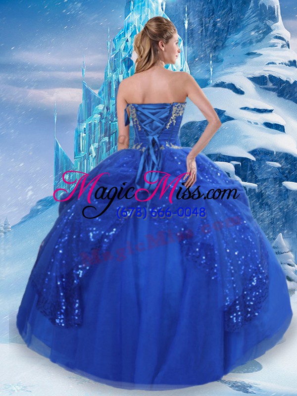 wholesale graceful sleeveless tulle floor length lace up quinceanera gown in royal blue with beading and pick ups