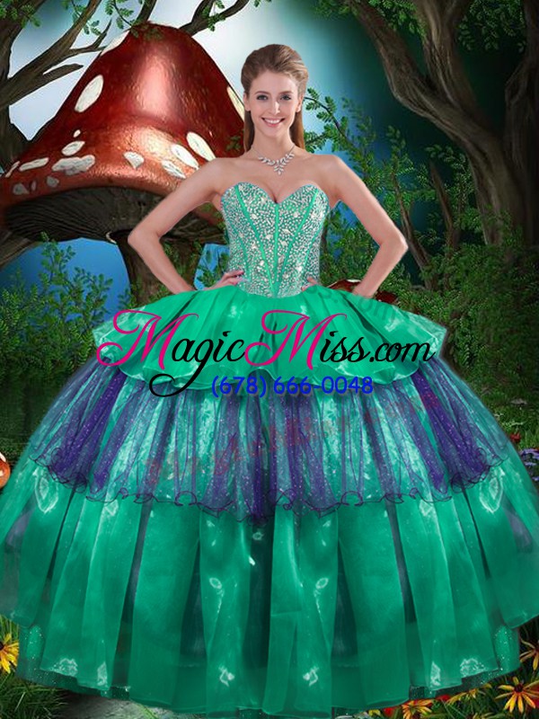 wholesale designer sleeveless floor length beading and ruffled layers lace up quinceanera dress with turquoise