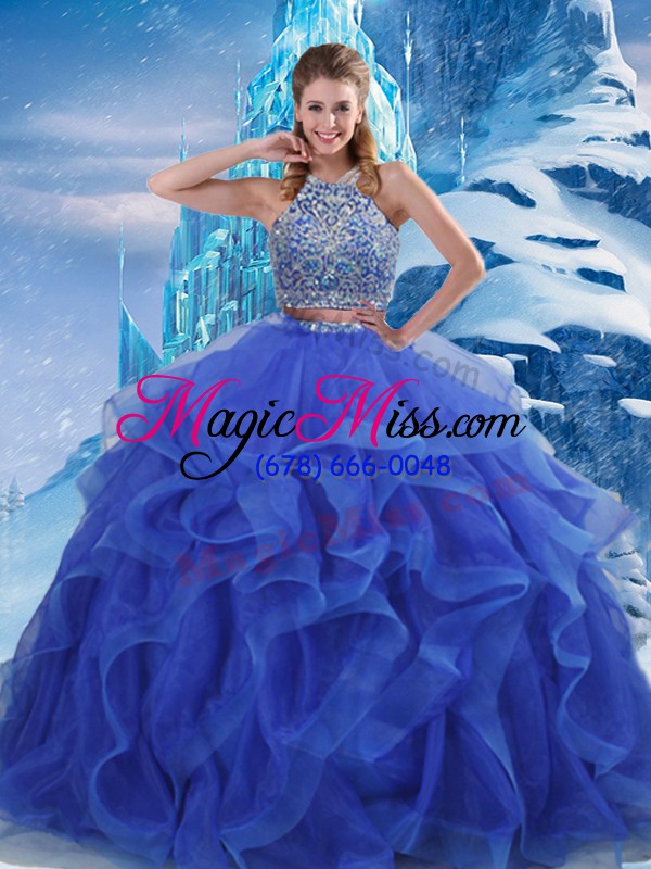 wholesale halter top sleeveless quinceanera gown floor length beading and ruffles royal blue organza
