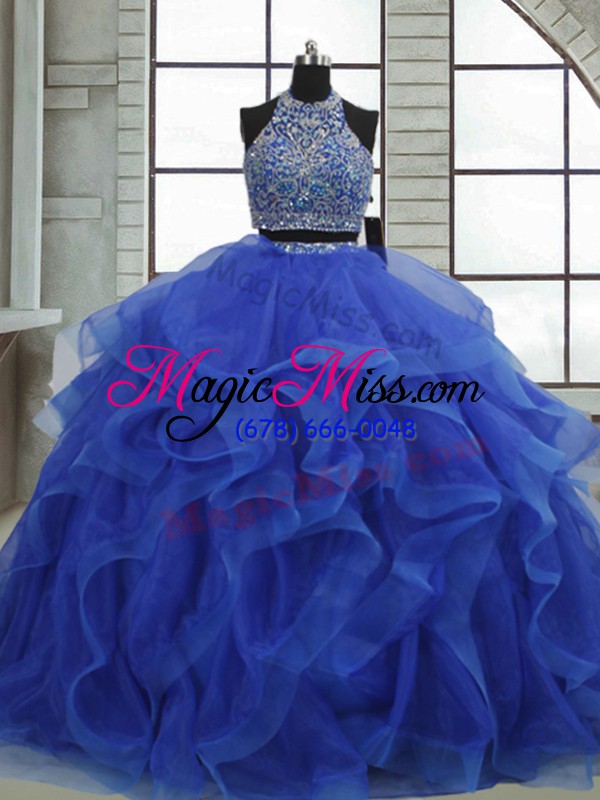 wholesale gorgeous royal blue ball gowns organza halter top sleeveless beading and ruffles floor length lace up quinceanera dress