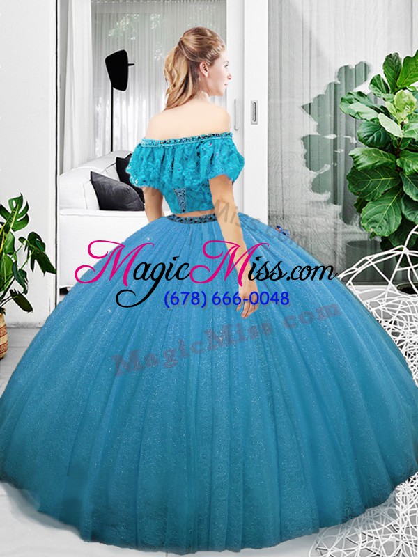 wholesale pretty blue off the shoulder lace up lace quinceanera dresses sleeveless