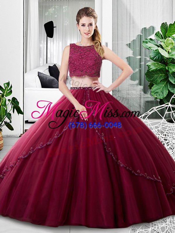 wholesale burgundy two pieces scoop sleeveless tulle floor length zipper lace and ruching vestidos de quinceanera