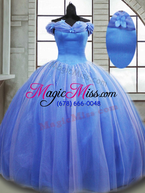 wholesale glamorous off the shoulder sleeveless brush train lace up ball gown prom dress light blue tulle
