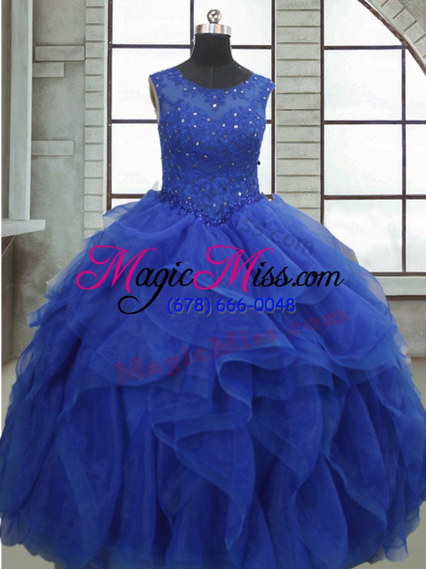 wholesale colorful royal blue ball gowns organza bateau sleeveless ruffles and sequins floor length lace up quince ball gowns