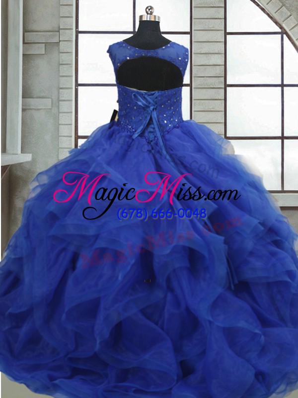 wholesale colorful royal blue ball gowns organza bateau sleeveless ruffles and sequins floor length lace up quince ball gowns