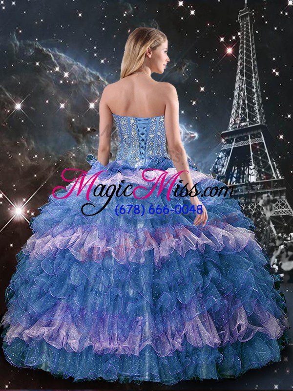 wholesale trendy floor length multi-color vestidos de quinceanera organza sleeveless beading and ruffled layers and sequins