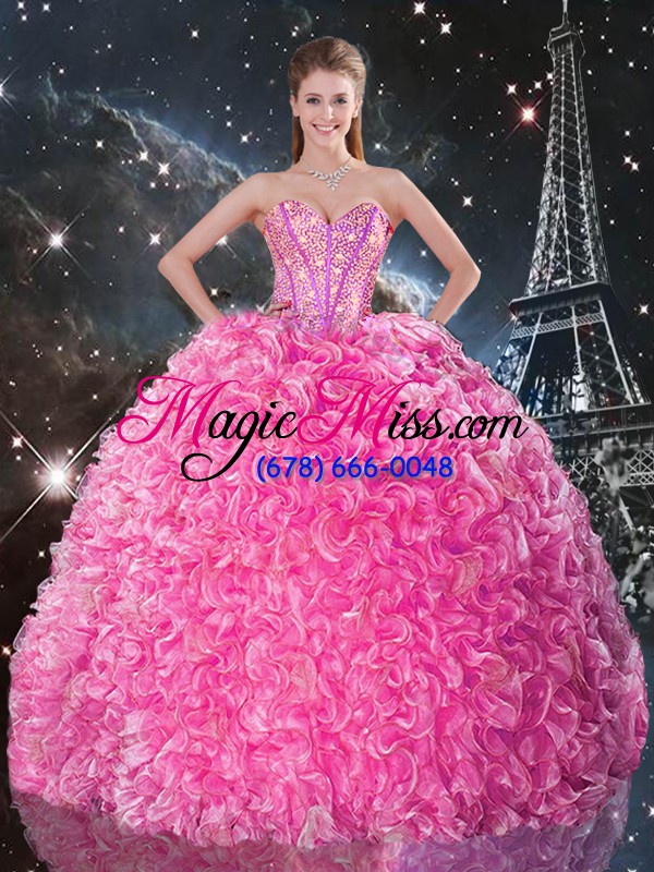 wholesale eye-catching rose pink sleeveless beading and ruffles floor length ball gown prom dress