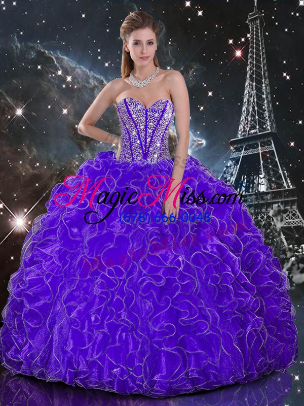 wholesale best purple 15th birthday dress military ball and sweet 16 and quinceanera with beading and ruffles sweetheart sleeveless lace up