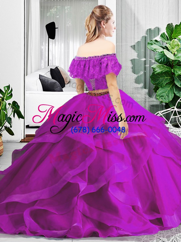 wholesale glorious floor length fuchsia quince ball gowns off the shoulder sleeveless lace up