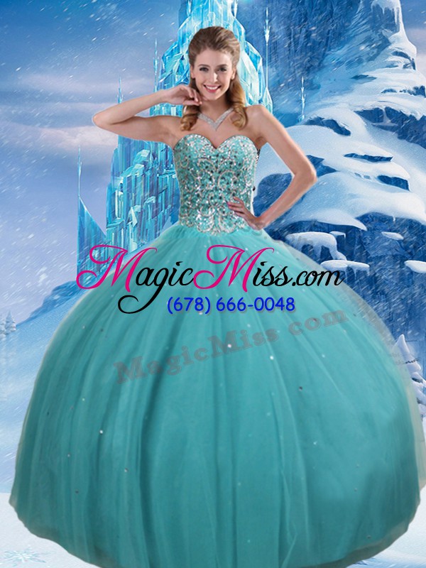 wholesale sleeveless floor length beading and sequins lace up quince ball gowns with aqua blue