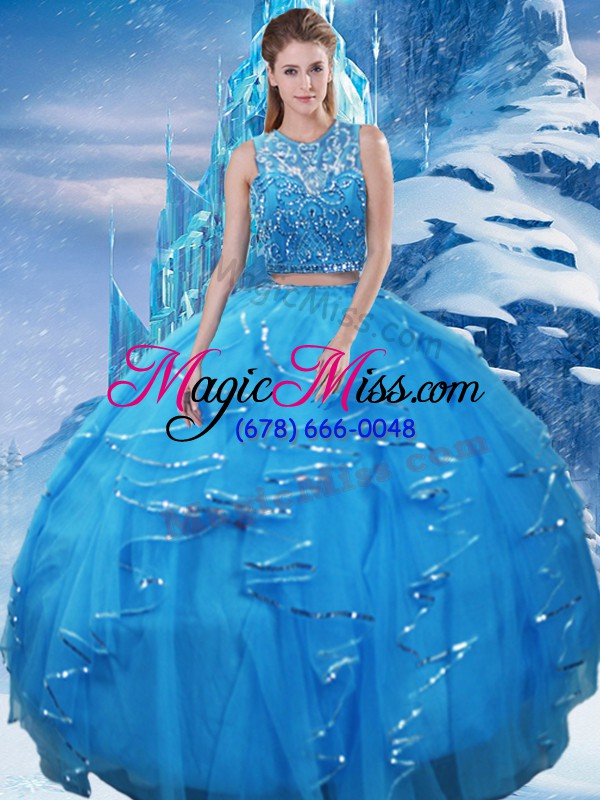 wholesale sexy scoop sleeveless 15 quinceanera dress floor length beading and ruffles baby blue tulle