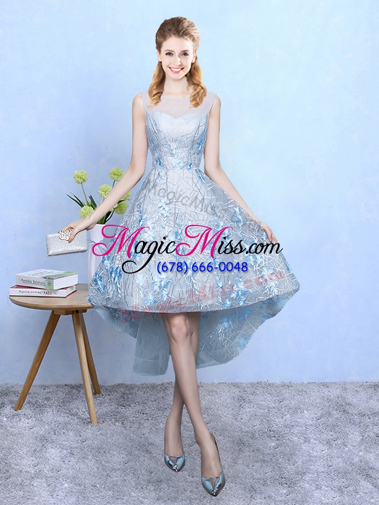 wholesale best light blue a-line scoop sleeveless tulle and printed high low zipper appliques bridesmaid gown