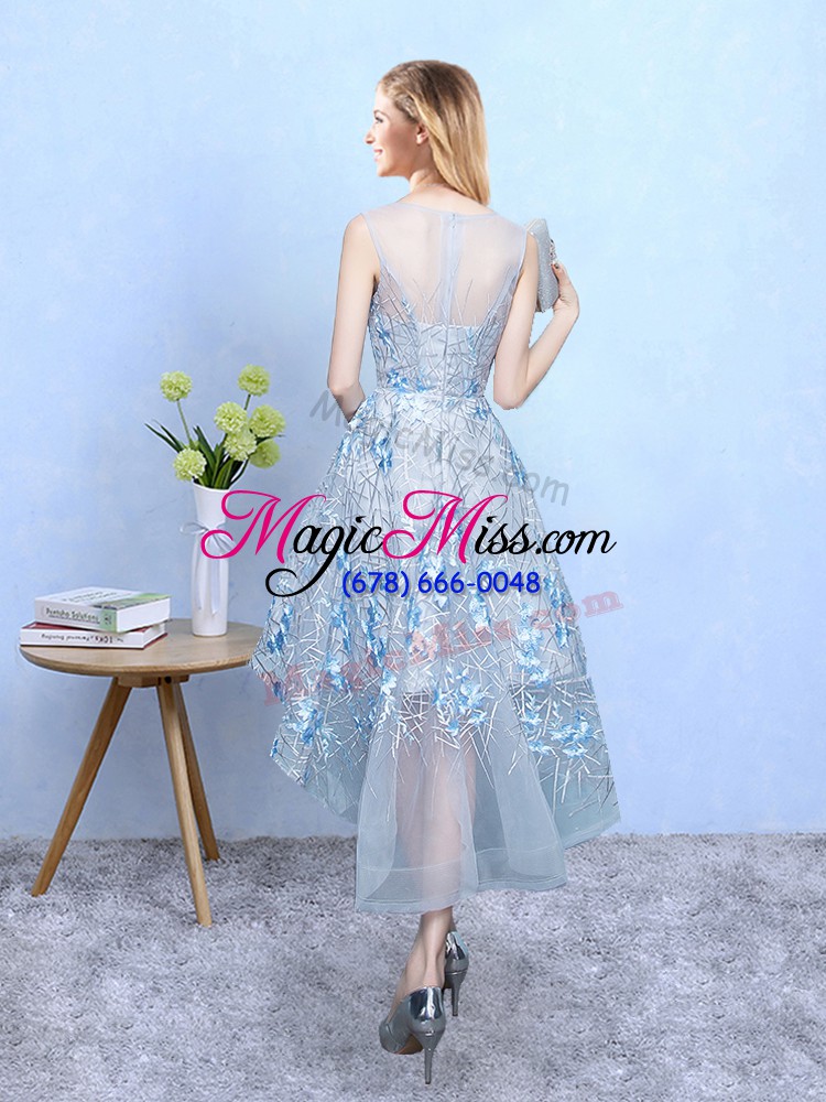 wholesale best light blue a-line scoop sleeveless tulle and printed high low zipper appliques bridesmaid gown