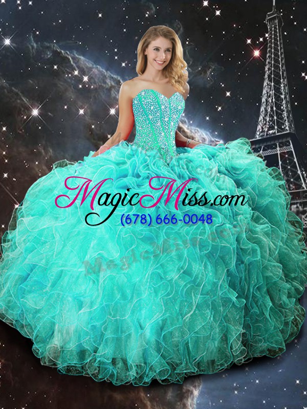wholesale flare sweetheart sleeveless quince ball gowns floor length beading and ruffles turquoise organza