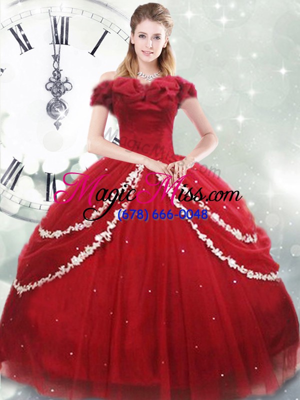 wholesale beauteous wine red lace up 15 quinceanera dress appliques and pick ups sleeveless brush train