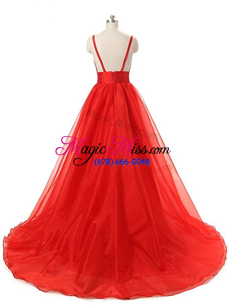 wholesale best selling burgundy organza backless v-neck sleeveless prom gown brush train ruching